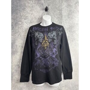Y2K Miami Ink Goth Black Skull Long Sleeve Thermal Skater Waffle Knit Size Large